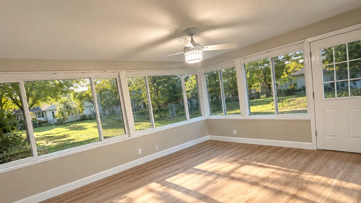 Sunroom after renovation: wood-look floor, uncovered windows onto the yard, a ceiling fan with light and warm beige walls